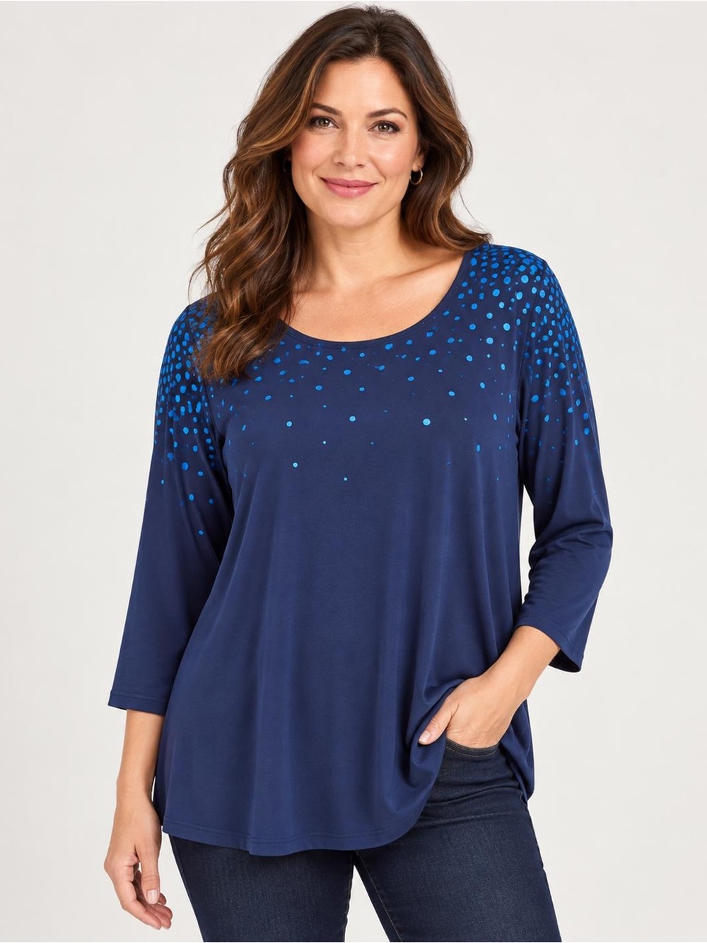 Susan Graver Navy Long Sleeve Scoop Neck Top with Bright Blue Dot Accents